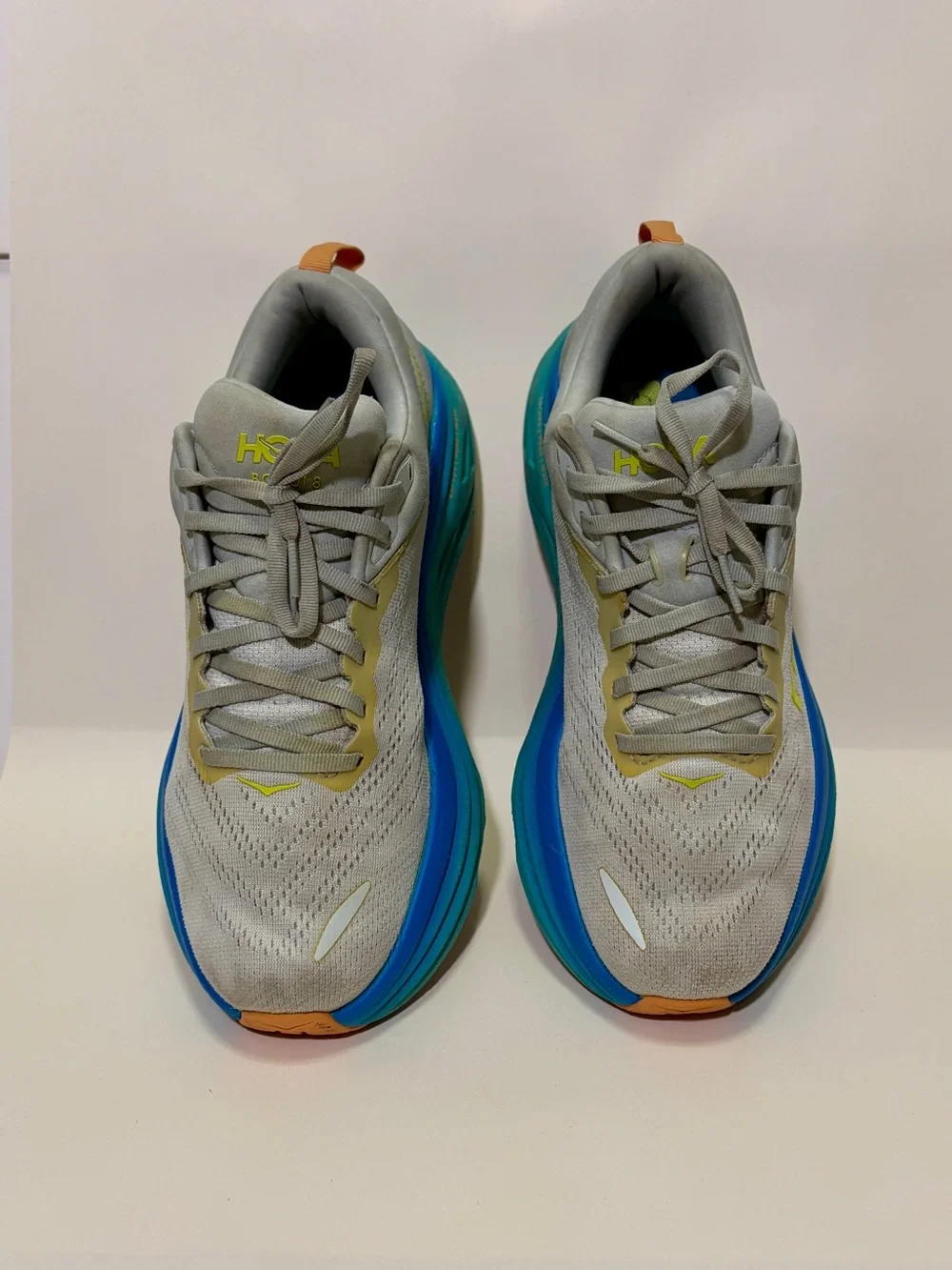 HOKA Bondi 8 Men’s Size 9 Gray Blue Lime Running/Walking Athletic Shoes